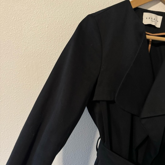 Vintage Sandro Malena Trench Coat Black Belted Twill Cotton Flap Lapel-36 - Picture 5 of 15